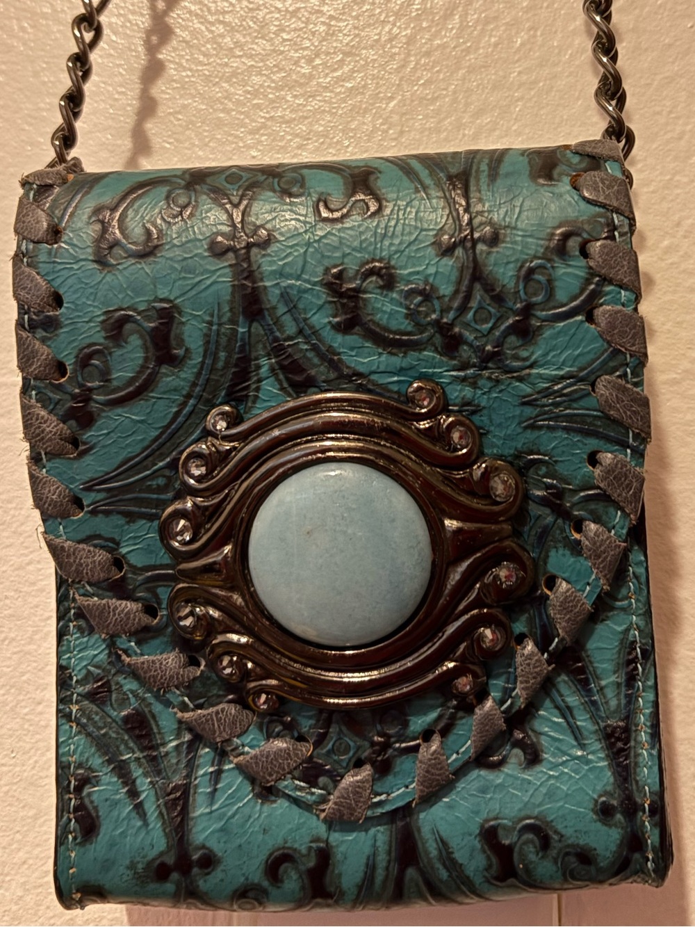 LeatherRock Teal Embossed Crossbody Bag w/ African Turquoise Accent Made in USA